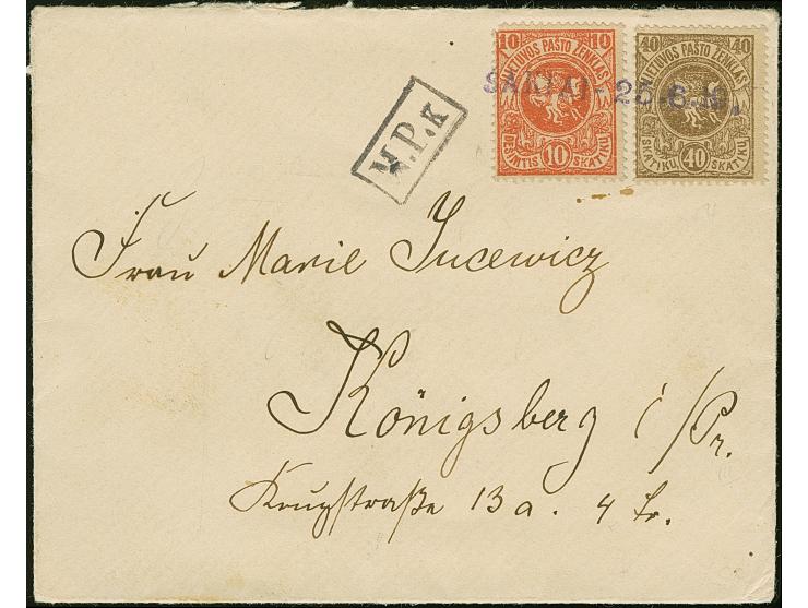 SAKIAI: 1919, Third Berlin Issue 10 skatiku brick-red and 40 skatiku brown, tied by straight-line “SAKIAI- 25.6.19” to censor