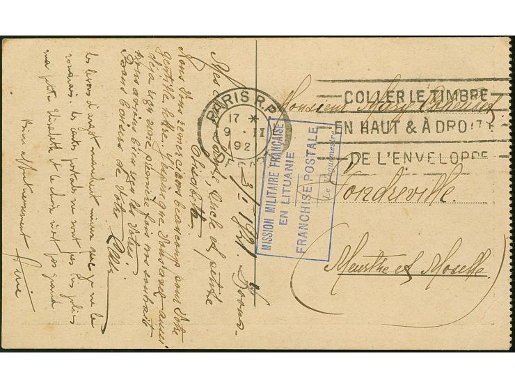 "MISSION MILITAIRE FRANCAISE EN LITUANIE FRANCHISE POSTALE Le Vaguemestre", violett boxed four-line cachet on picture postcar