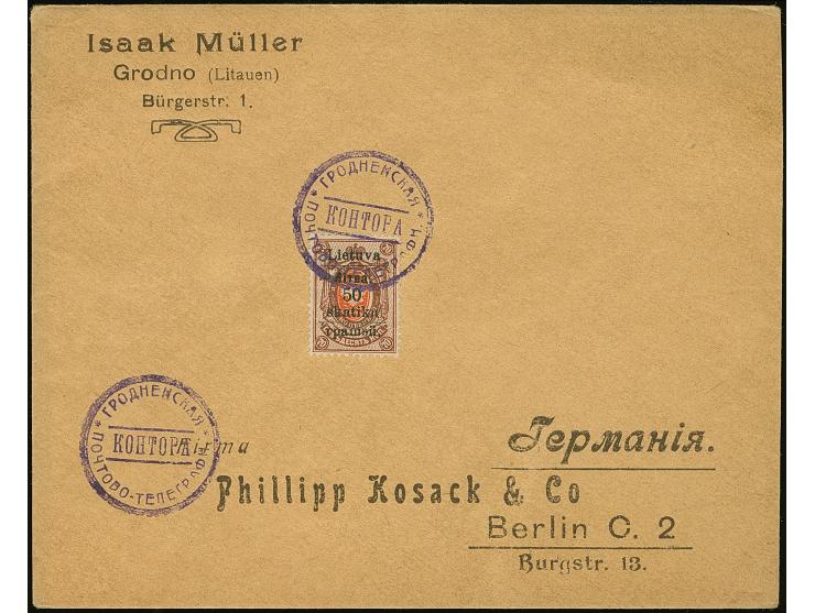 1919, 50 skatiku on 3-70 kopeks, each tied by violet cachet “GRODNO” to pre-printed envelopes adressed to Philipp Kosack on B