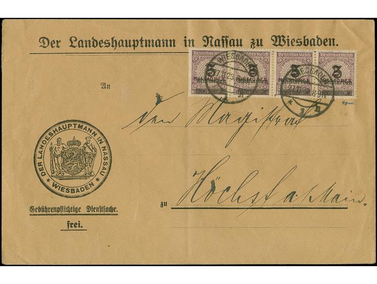 5 Mrd. auf 2 Mio. M. dunkelgraupurpur im waagerechten Viererstreifen mit Stempel “WIESBADEN 27.11.23” als tarifgerechte Mehrf