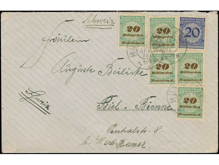 1923, Korbdeckel 20 Mrd. M. gezähnt, fünf Einzelmarken in Mischfrankatur mit Rentenpfennig 20 Pfg. je mit Stempel “MÜNCHEN 18