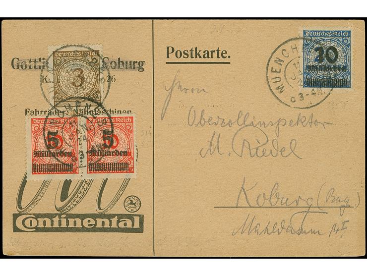 1923, 10 Mrd. auf 20 Mio. M. gezähnt und senkrechtes Paar 5 Mrd. auf 10 Mio. M. gezähnt in Mischfrankatur mit Rentenpfennig 3