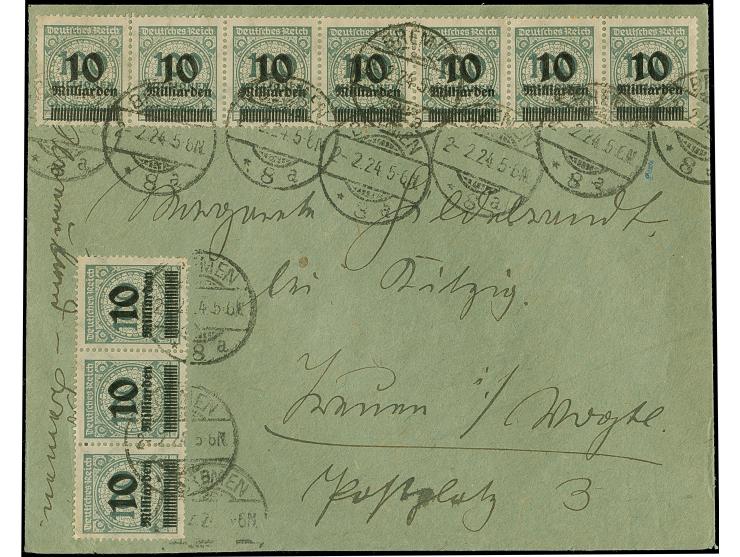 1923, 10 Mr. auf 100 Mio. M. im waagerechten 7er- und Dreierstreifen jeweils mit Stempel “BREMEN 2.2.24” als tarifgerechte Me