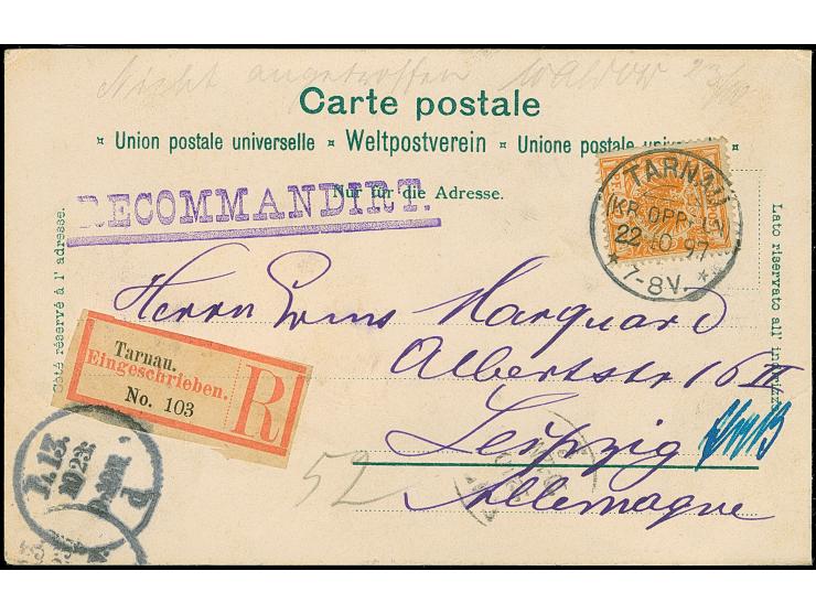 1897, Krone/Adler 25 Pfg. mit Stempel “TARNAU 22.10.97” auf Sonderkarte “Ausstellung Leipzig” als R-Karte mit rückseitigem Ra