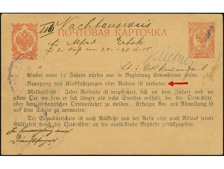 ERLAUBNISSCHEIN: Pernigel, 1918, russische Ganzsachenkarte 3 K. mit handschriftlichem Zusatz "Nachtausweis" sowie gedruckten 