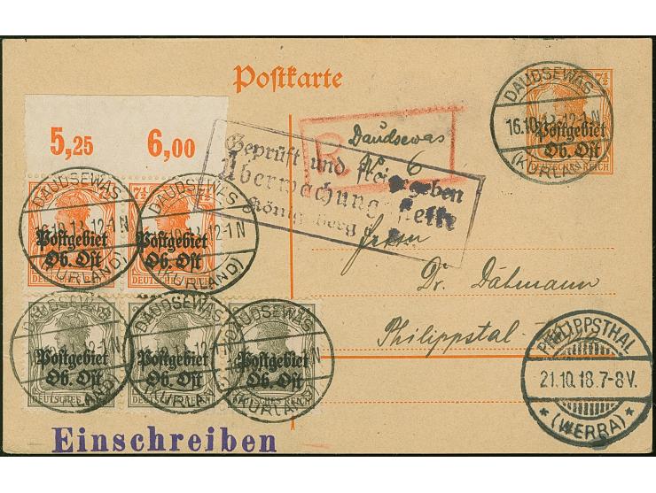 "DAUDSEWAS (KURLAND) 16.10.18", mehrfach klar auf Ganzsachenkarte Germania 7½ Pfennig mit Zufrankatur als R-Karte mit handsch