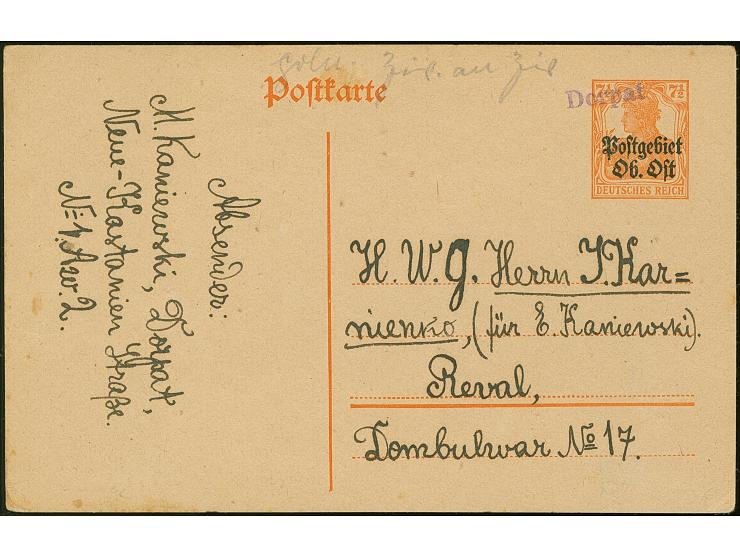 "Dorpat", kleiner violetter Notstempel-L1 als Entwerter auf bedarfsgebrauchter Ganzsachenkarte 7½ Pfennig (datiert vom 9.4.19