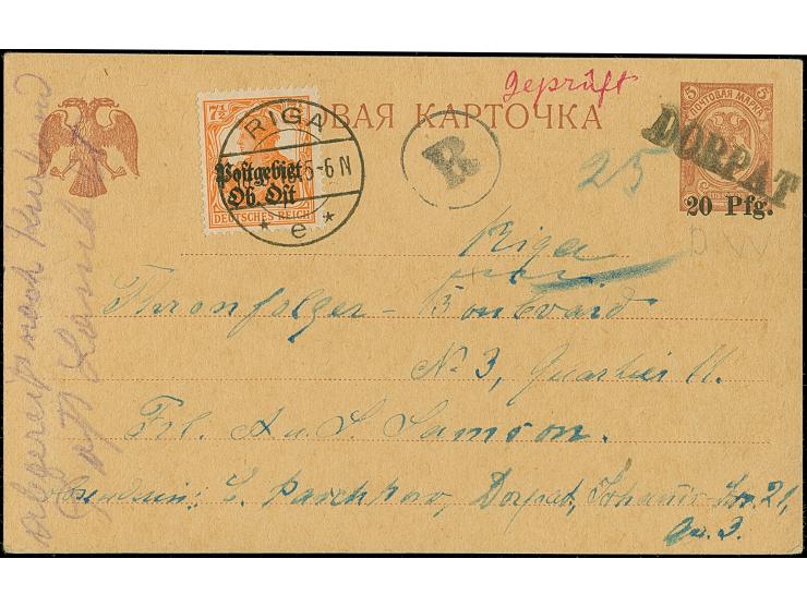 1918, Ganzsachenkarte 20 Pfennig auf 5 Kopeken, sauber mit L1 “DORPAT” mit nebengesetztem handschriftlichem Vermerk “geprüft”