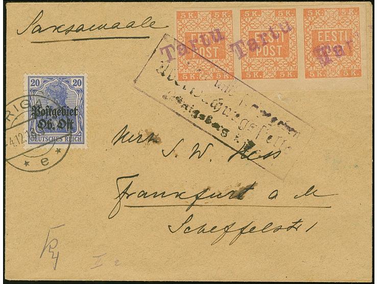 1916, Germania 20 Pfennig sauber mit Stempel “RIGA -4.12.18” mit Zufrankatur Estland 5 Kopeken rötlichorange im waagerechten 