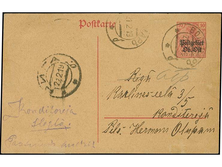 "ВОЛЬМАРЬ 21.2.19" (WOLMAR) klar auf Ganzsachenkarte 10 Pfennig nach Riga mit handschriftlichem Vermerk "Konditorei geschloss