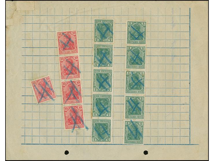 TELEGRAMM: Germania 5 Pfennig, zwei senkrechte Fünferstreifen sowie 10 Pfennig Einzelwert und senkrechter Viererstreifen, mit