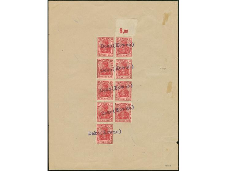 TELEGRAMM: Germania 10 Pfennig, senkrechter Fünfer- bzw. Oberrand-Viererstreifen zusammen mit Germania 5 Pfennig Einzelwert, 