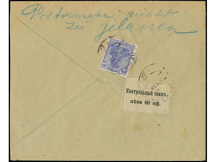 1918, Gebührenmarke 60 Pfennig und Germania 20 Pfennig blau mit violettem Stempel "WILJEKA -4 11 18" auf Briefkuvert adressie