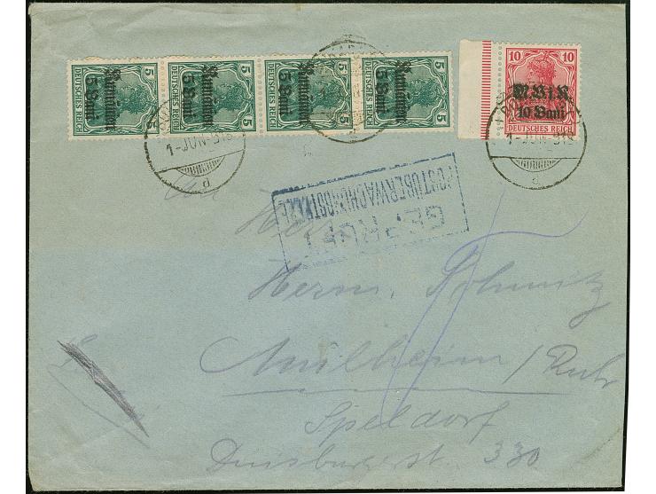 “BUKAREST d 1-JUN -918” sauber und klar, dreimal auf Germania 5 Pfennig im senkrechten Viererstreifen und Randstück Germania 