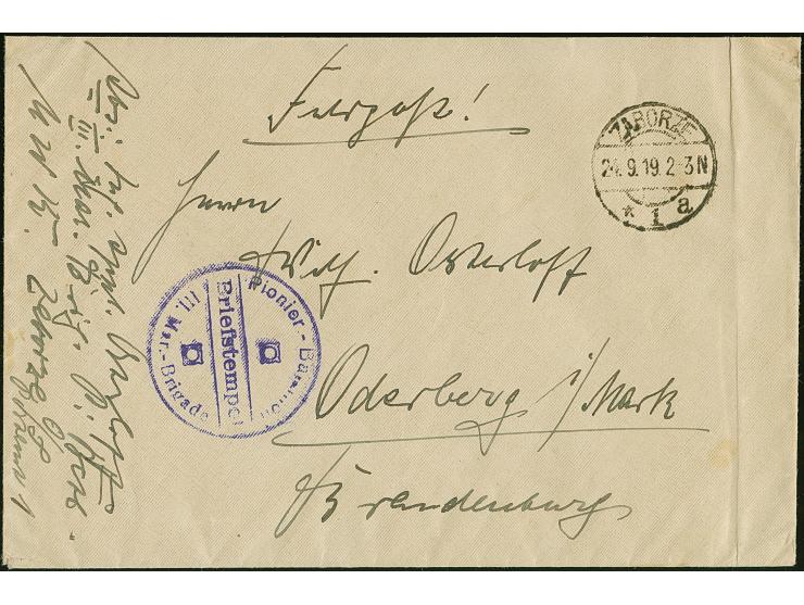 “ZABORZE 24.9.19”, klar auf Feldpostbrief nach Oderberg mit handschriftlichem Absendervermerk "... III. Marinebrigade Pi. Bat
