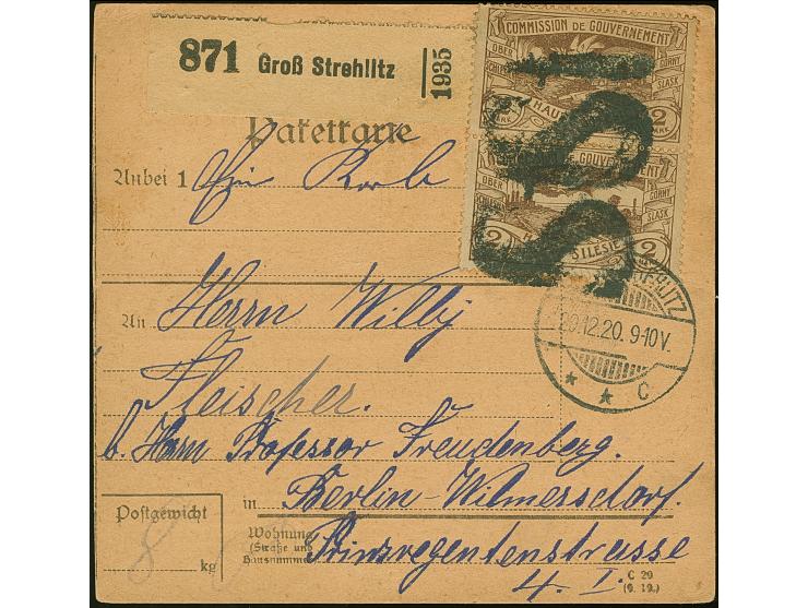 1920, Hüttenwerke 2 Mark braun, senkrechtes Paar, mit großem Korkstempel “St” sowie Stempel “GROSS STREHLITZ 20.12.20” auf Pa