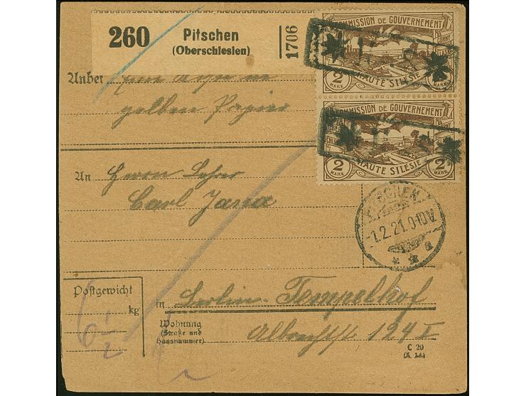 1920, Hüttenwerke 2 Mark braun, senkrechtes Paar, mit großem Korkstempel “* H . S * ” sowie Stempel “PITSCHEN -1.2.21” auf Pa