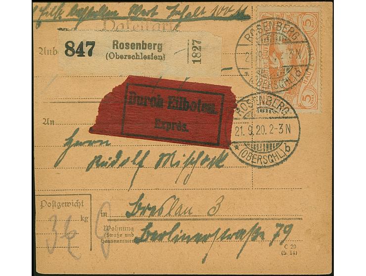 1920, Hüttenwerke 5 Mark orange, sauber mit Stempel “ROSENBERG 21.9.20” auf Wert-Paketkarte über 100 Mark nach Breslau, eine 