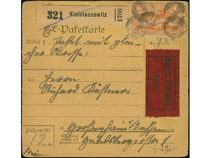 1920, Hüttenwerke 5 Mark orange mit Zufrankatur 50 Pfennig sowie 1 und 3 Mark, vorder- und rückseitig mit Korkstempel auf Eil