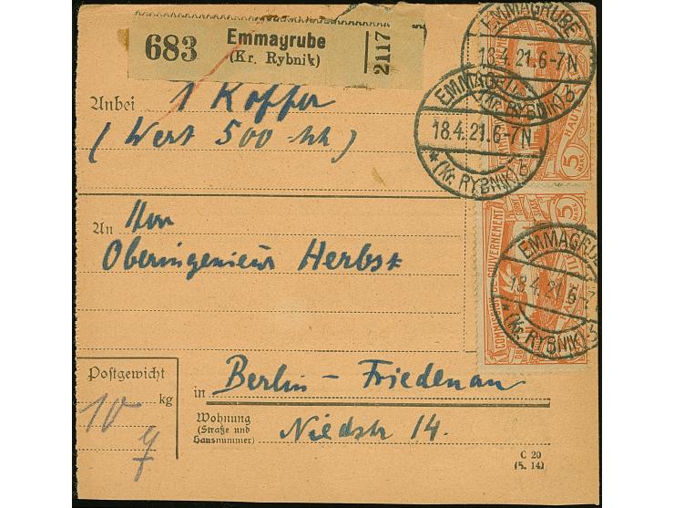 1920, Hüttenwerke 5 Mark orange, zwei Einzelwerte, sauber mit Stempel "EMMAGRUBE 18.4.21" auf Paketkarte nach Berlin, obere M