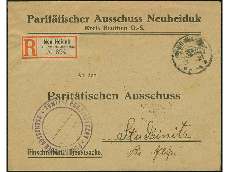 “Paritätischer Ausschuss Neudeiduk”, vorgedruckte Absenderangabe auf Einschreiben-Dienstsache ab “NEU-HEIDUK 21.1.21” mit neb