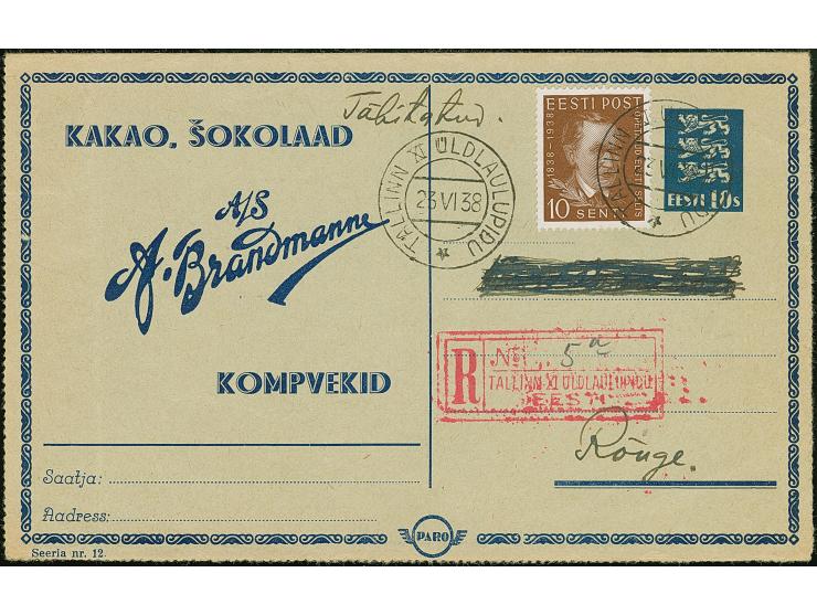 1937, PARO lettersheet no. 12, with additional franking 10 senti brown, with special cds. “TALLINN XI ÜLDLAULUPIDU 23 VI 38” 
