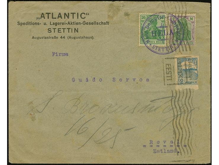 SHIPMAIL: "Dampfer-Compagnie * STETTIN *&nbsp; HELA" violet cachet on Germania 20 pfg. and 1m. on cover from Stettin with add