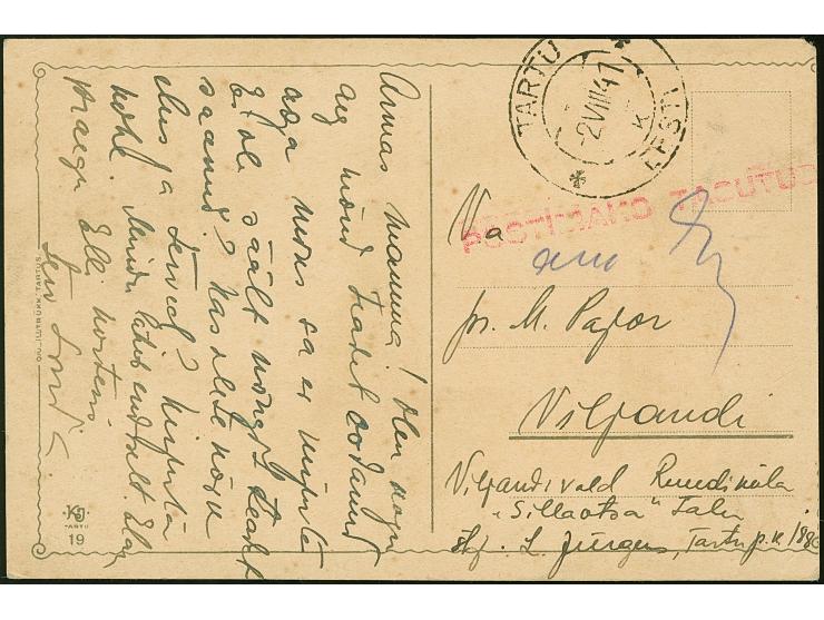 CASH-FRANKINGS: 1941, Tartu, red straight-line “POSTIMAKS TASUTUD” with adjacent signature of the postal clerk and cds. "TART