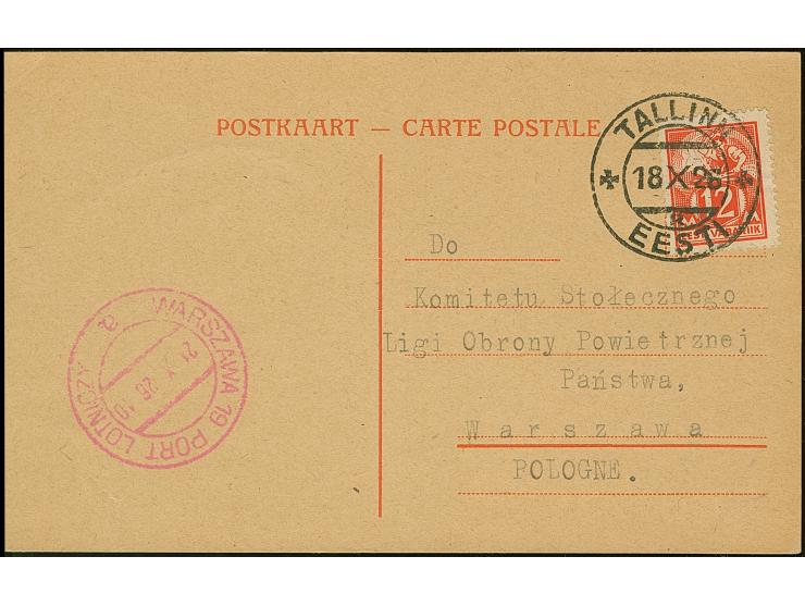 Drucks Roundflight "Warsaw-Lida-Wilna-Riga-Tallinn-Helsinki-Warsaw", card with Craftsmen 12 marka tied by cds. "TALLINN 18 X 