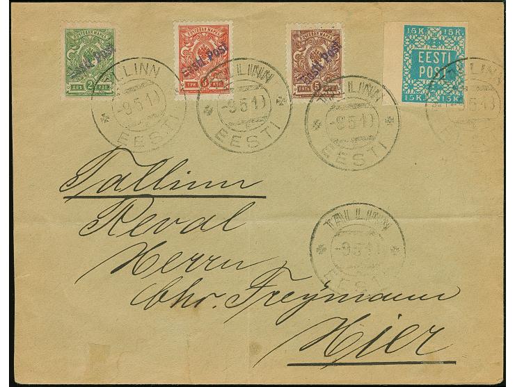 1919, 2-5 kopek together with Flower Issue 15 kopeks, all tied by cds. “TALLINN -9 5 19” to local cover, folded twice not aff
