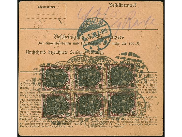 1920, Aufdruckausgabe im Hochoval 50 Pfennig, zwei Einzelwerte und 6er-Block vorder- bzw. rückseitig mit Korkstempel und Aufg