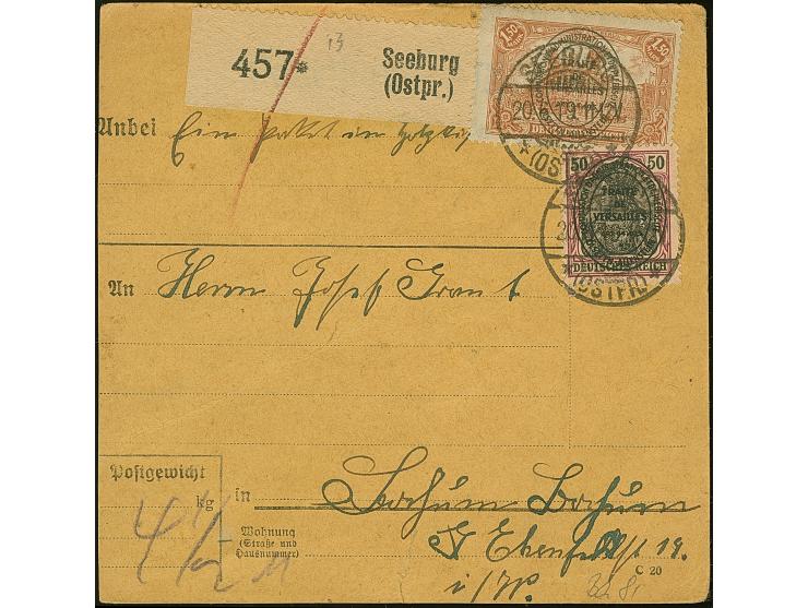 1920, Aufdruckausgabe im Hochoval 50 Pfennig sowie 1,50 Mark, sauber mit Aufgabestempel “SEEBURG 20.6.19” auf Paketkarte nach