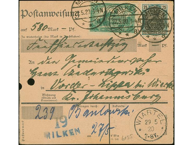 1920, Hochoval 75 Pfennig und 1,25 Mark, sauber mit Stempel “MILKEN 27.5.20” auf Postanweisung über “580 Mark - Pf” nach Wiar