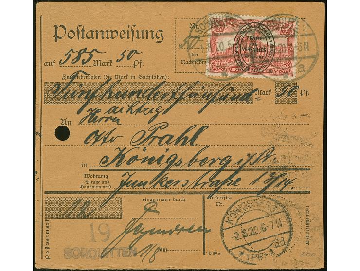 1920, Aufdruckausgabe im Hochoval 1 Mark, zwei Einzelwerte, vorder- bzw. rückseitig, sauber mit Stempel “SORQUITTEN 1.8.20” a