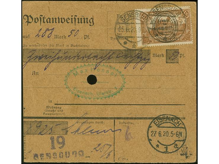 1920, Aufdruckausgabe im Hochoval 1,50 Mark dunkelorangebraun, sauber mit Stempel “SENSBURG 25.6.20” auf Postanweisung über “