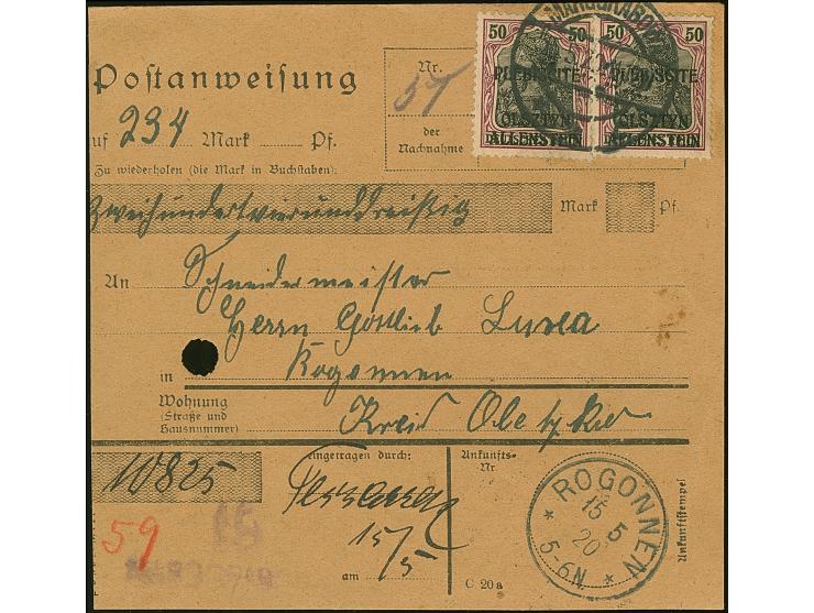1920, Aufdruckausgabe 50 Pfennig, zwei Einzelwerte, sauber mit Stempel “MARGGRABOWA 15.5.20” auf Postanweisung über “234 Mark