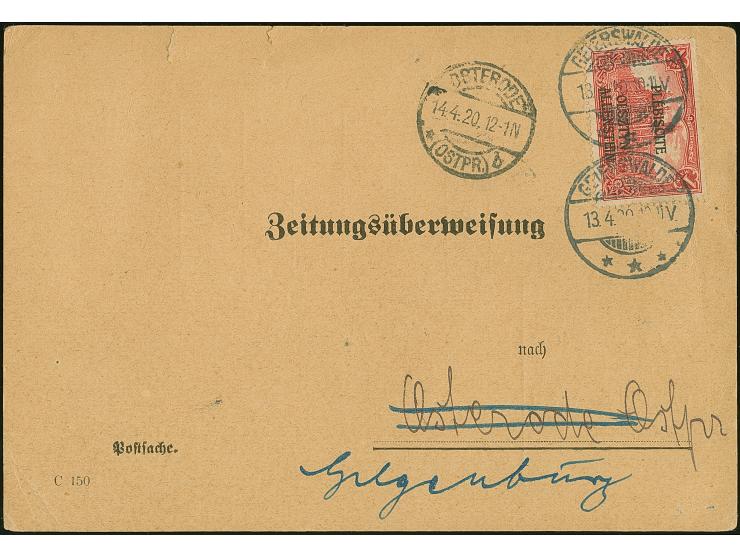 1920, Aufdruckausgabe 1 Mark, sauber mit Stempel “GEIERSWALDE 13.4.20” auf Zeitungsüberweisung nach Osterrode mit Ankunftsste