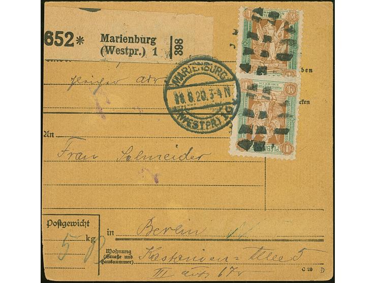 1920, 2. Mailänder Ausgabe 1 Mark, zwei Einzelwerte, sauber mit Korkstempel und Aufgabestempel “MARIENBURG 18.6.20” auf Paket