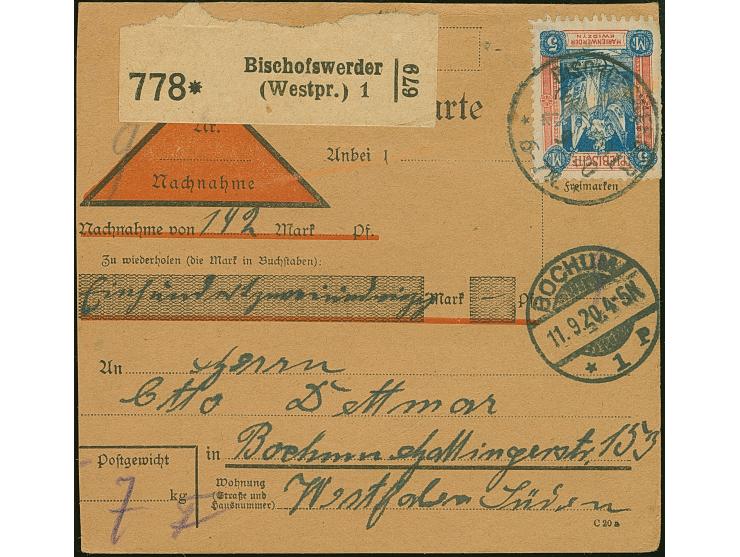 1920, 2. Mailänder Ausgabe 5 Mark, sauber Aufgabestempel “BISCHOFSWERDER 4 9 20” auf Nachnahme-Paketkarte über “192 Mark” nac