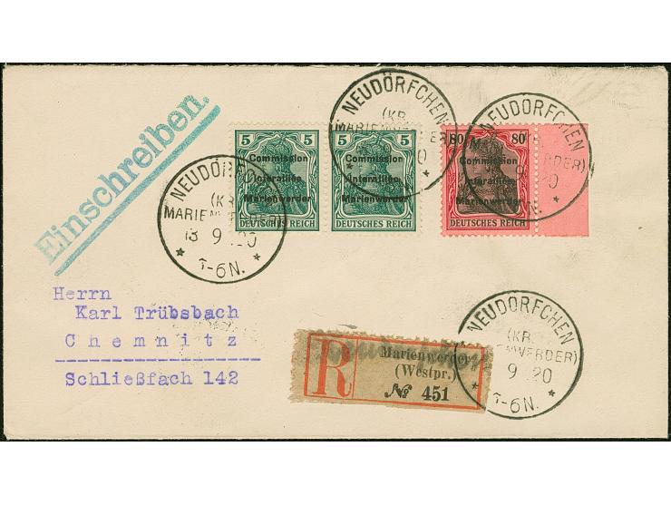 1920, Aufdruckausgabe Germania 5 Pfennig im waagerechten Paar und 80 Pfennig Einzelwert mit rechtem Seitenrand, sauber mit St