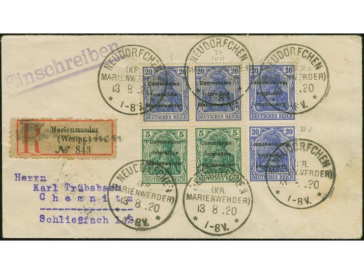 1920, Aufdruckausgabe Germania 20 Pfennig mit kopfstehendem Aufdruck von den Feldern 36 bzw. 26, zusammen mit zwei Einzelwert