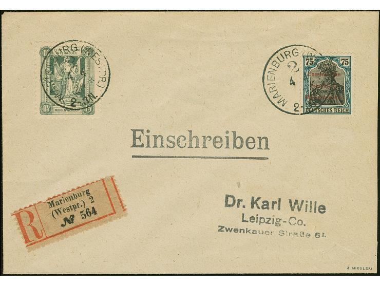 1920, Aufdruckausgabe Germania 75 Pfennig mit rotem Probeaufdruck, zusammen mit 1. Mailänder Ausgabe 15 Pfennig mit Stempel “