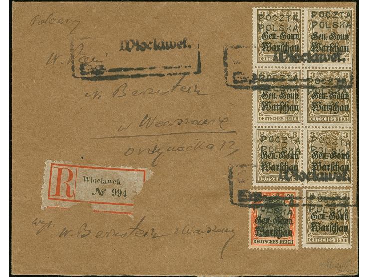 Wloclawek: 1918, German Occupation 3 pfg. vertical block of six and single stamp and 30 pfg. each with hand stamp “POCZTA POL