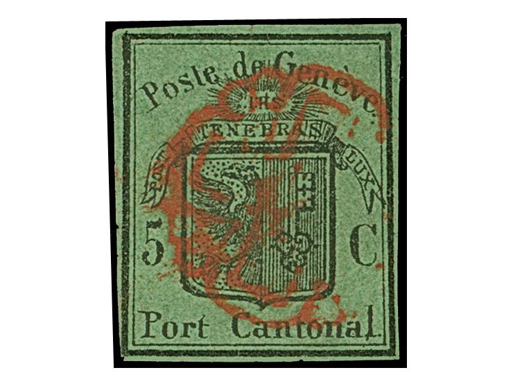 1848, 5 C. auf dunkelgrün, schöne tiefe Farbe, links unten in der Ecke minimalst tangiert, sonst allseits breitrandig, sauber