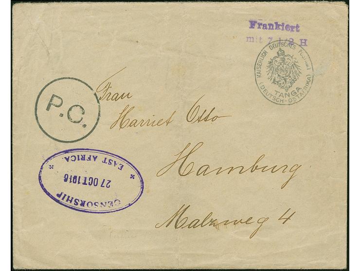 1916, “CENSORSHIP EAST AFRICA 27.OCT.1916” klar in Violett auf Privat-Ganzsachenumschlag mit violettem L2 “Frankiert mit 7½ H