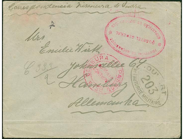 1917, “PROVINCIA DE MOCAMBINQUE REPARTICA DE INFORMACOES QUARTEL GENERAL” roter Ovalstempel auf Kriegsgefangenen-Brief mit ro