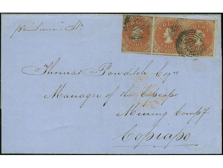1857, Second London printing 5 c. red-brown on blued paper, horizontal right margin strip of three, nice colour, the left sta