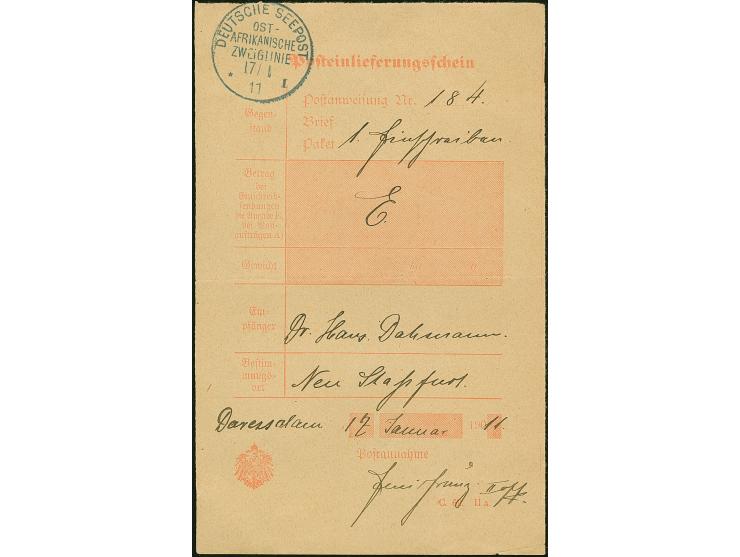 “DSP OST-AFRIKANISCHE ZWEIGLINIE *I 17.1.11” (D. Sultan) sehr klar auf Posteinlieferungsschein für einen R-Brief mit handschr