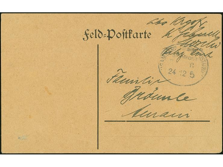 1915, “USAMBARA (DOA) ZUG 6 24.12.15” etwas undeutlicher Bahnpoststempel auf Vordruckkarte “feld-Postkarte” ohne Formular-Num