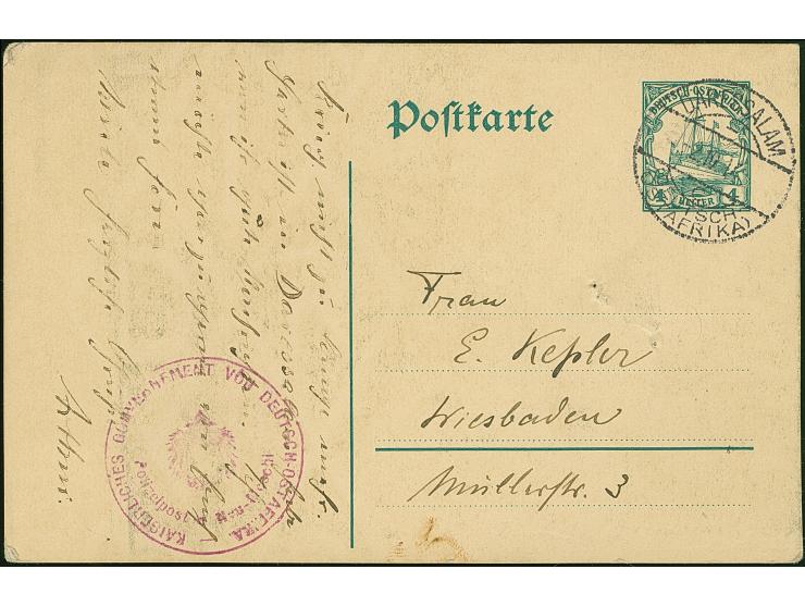 1914, “KAISERLICHES GOUVERNEMENT VON DEUTSCH OSTAFRIKA Polizeipost v. Neu.Moschi” violettes Dienstsiegel auf Ganzsachenkarte 